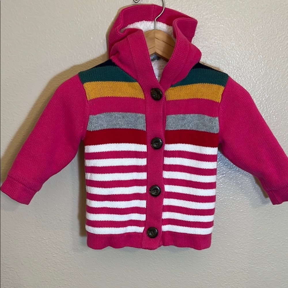Hanna Andersson Pink Striped Fleece Lined Knit Button Sweater